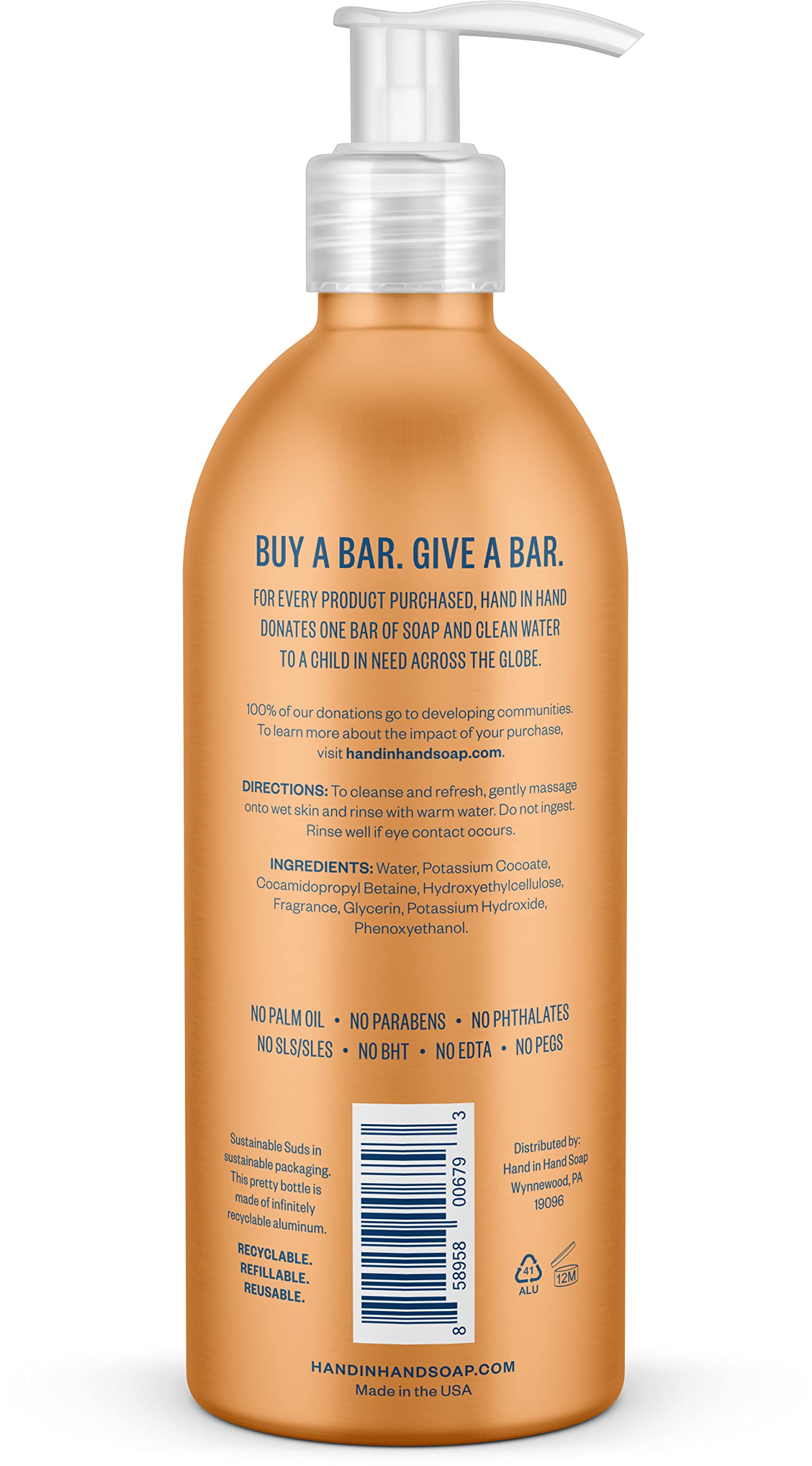 Hand In Hand Citrus Grove hand soap foam provides rich lather for quick hand washing.
