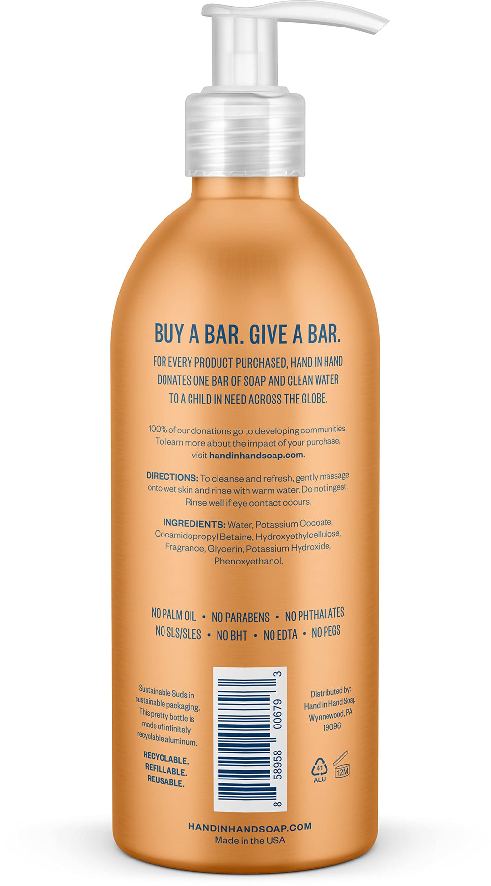 Hand In Hand Citrus Grove hand soap foam provides rich lather for quick hand washing.