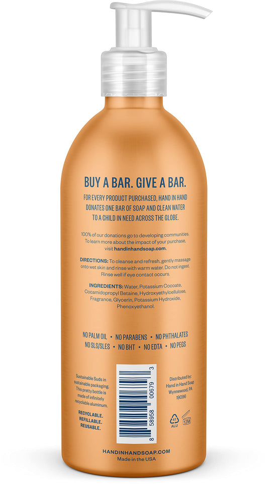 Hand In Hand Citrus Grove hand soap foam provides rich lather for quick hand washing.