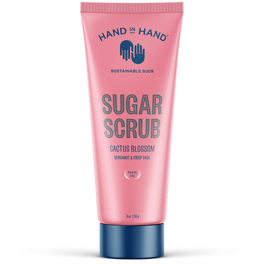 Hand in Hand sugar scrub bergamot-basil jar; exfoliates gently for radiant skin.