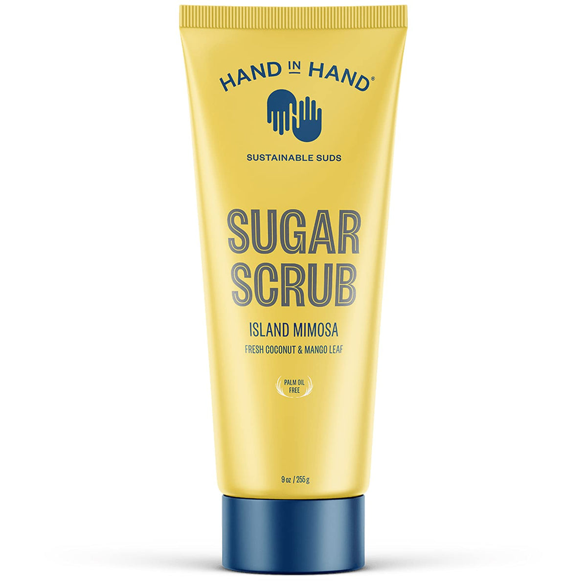 Hand in Hand Sugar Scrub bottle closeup, tropical Island Mimosa scent enhances shower routine and smooths skin.