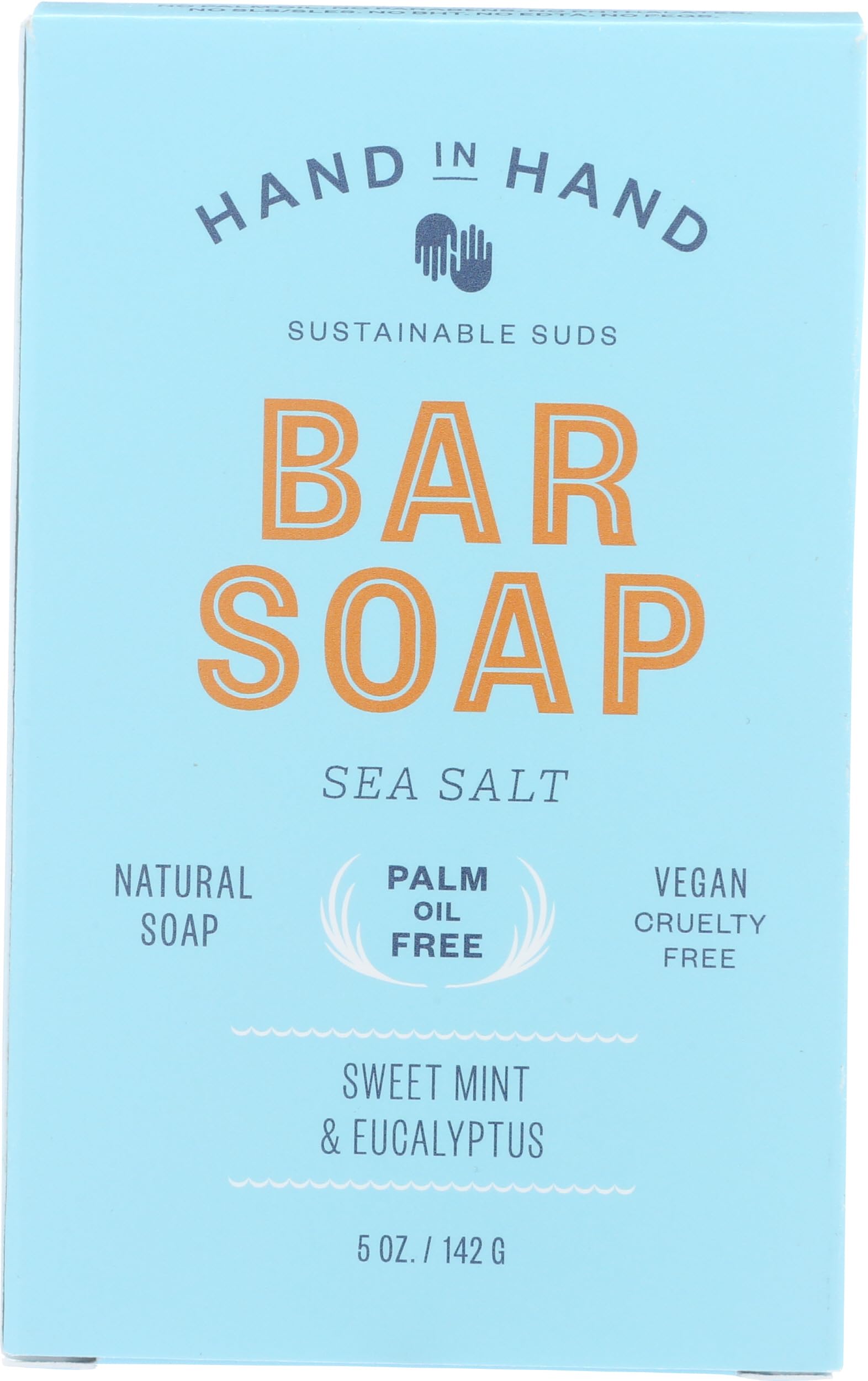 Hand in Hand Sweet Mint & Eucalyptus Sea Salt Bar Soap with minty foam for a refreshing cleanse