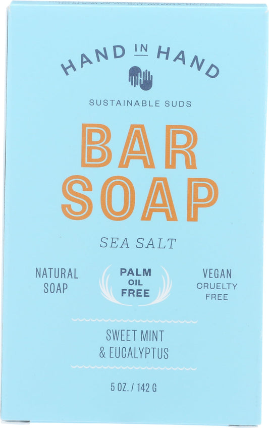 Hand in Hand Sweet Mint & Eucalyptus Sea Salt Bar Soap with minty foam for a refreshing cleanse