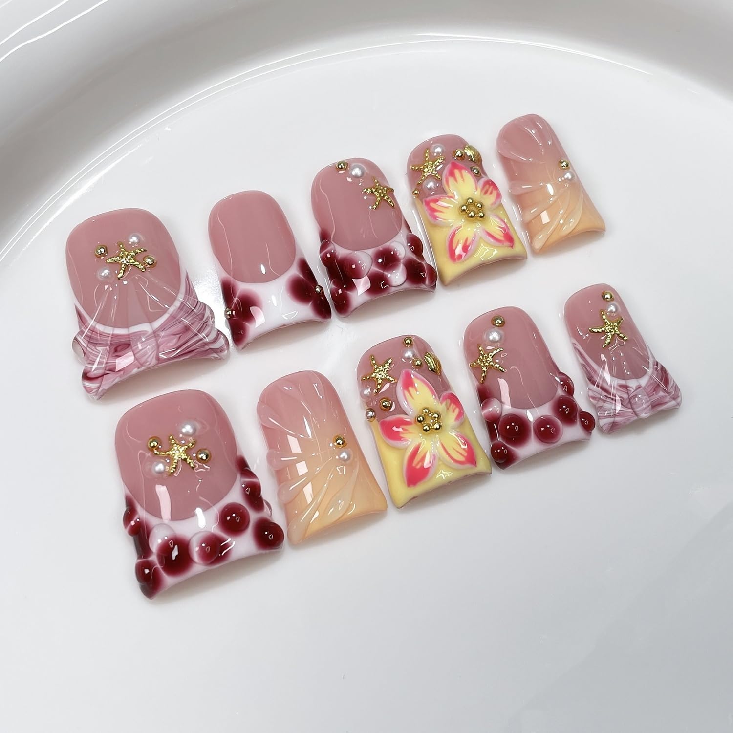 Handmade Flower Press-on Nails with multi-layer gel finish for durable shine.