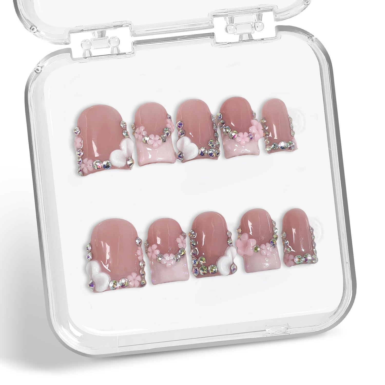 Handmade press-on nails with 3D floral rhinestones for an elegant flair