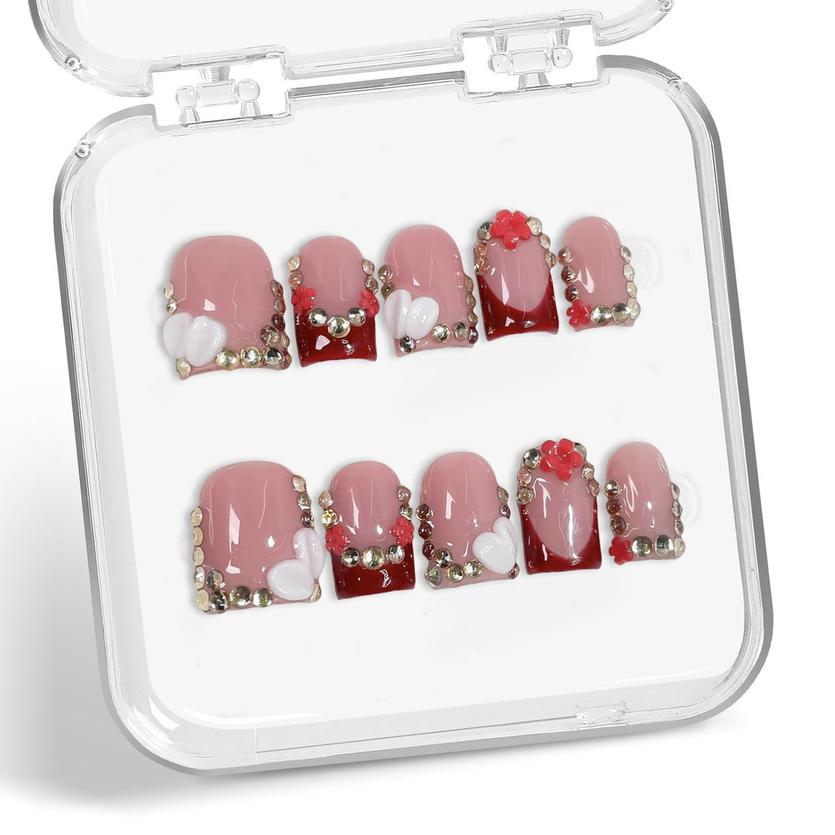 Handmade press-on nails with red French tip for elegant daily wear.