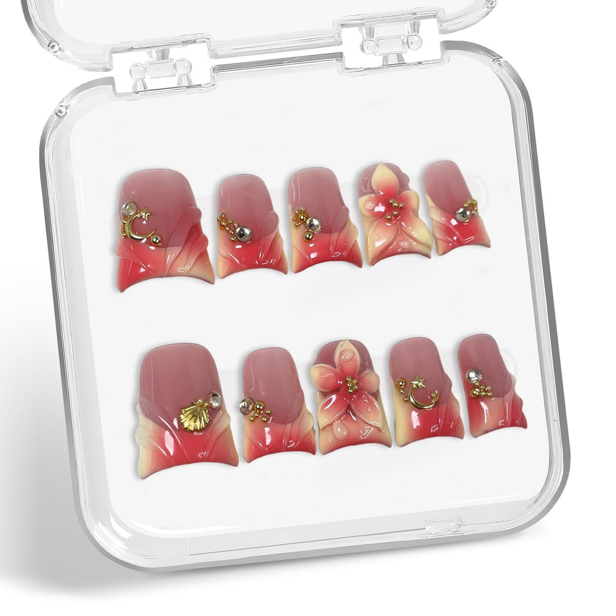 Handmade Nails: short duck shape with 3D flower art for at-home luxury.