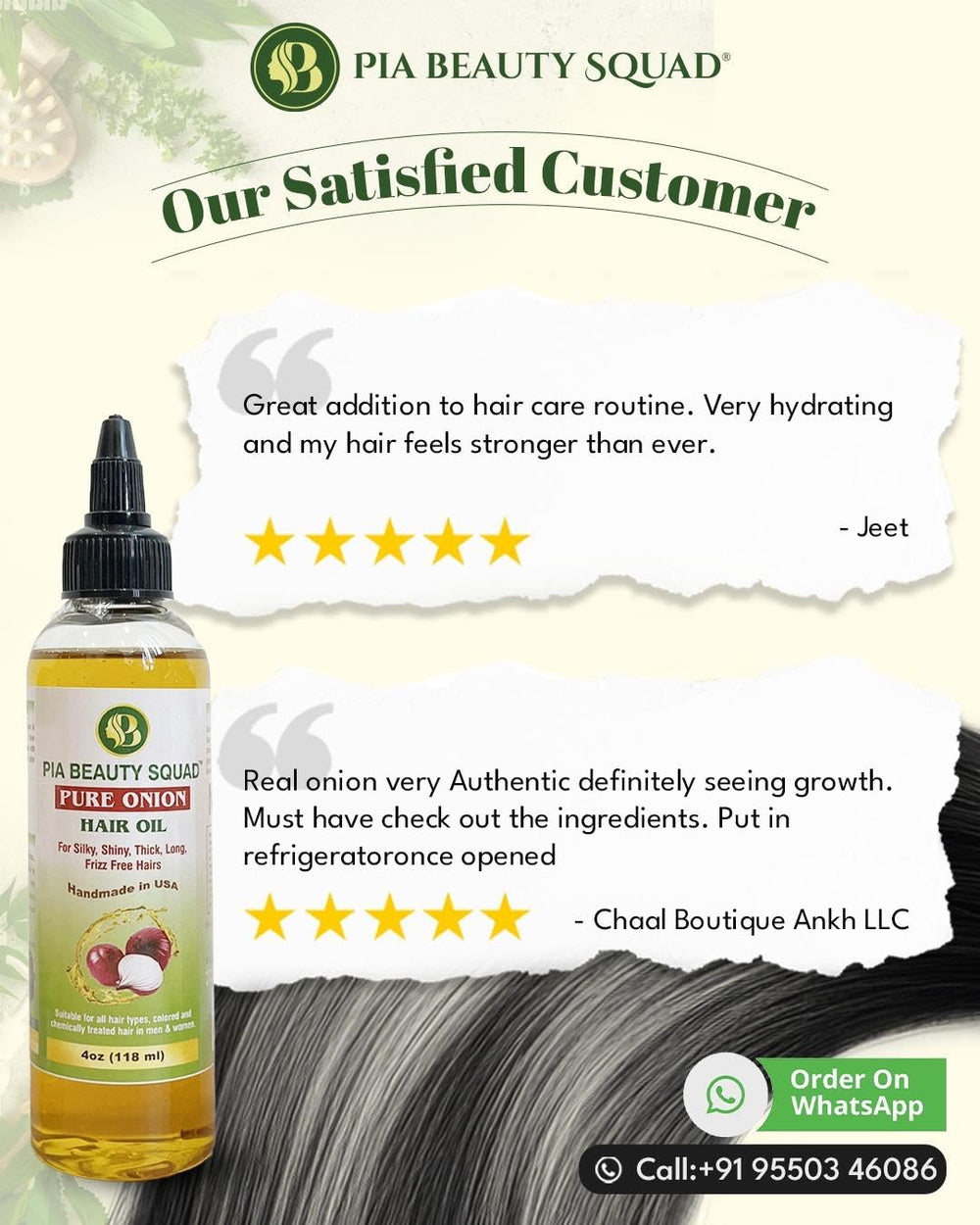 Handmade Onion Hair Oil packaging with label emphasizing vegan, toxin-free formula