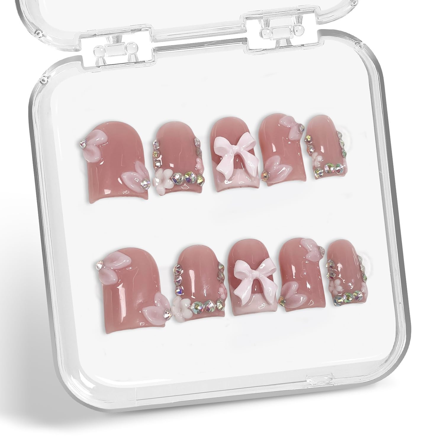 10 Pcs Handmade Press On Nails with 3D bow and rhinestones for a chic pink look.