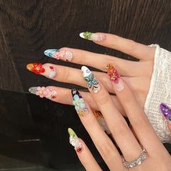 Handmade almond-shaped acrylic nails offer durable, salon-like wear.