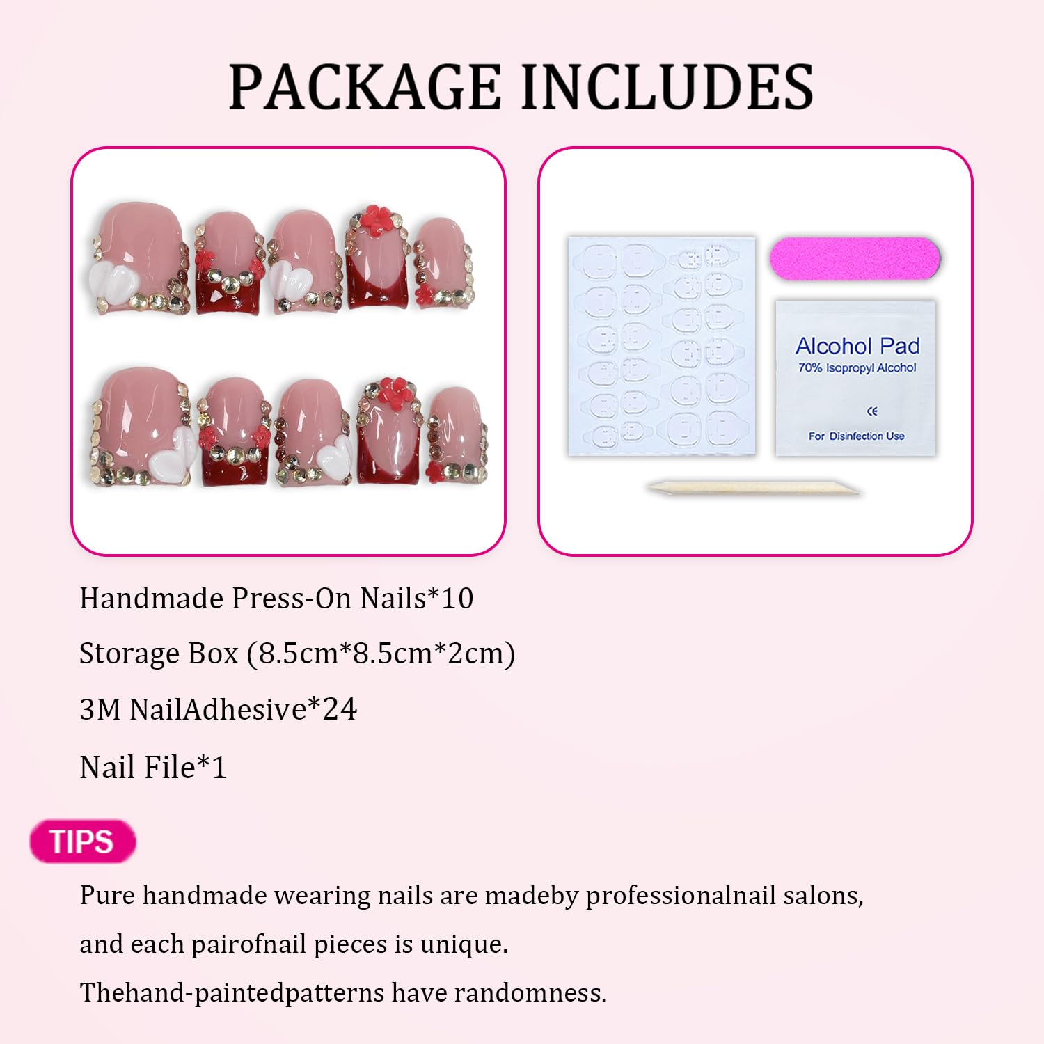 Handmade press-on nails with full cover and glossy finish for a flawless look.