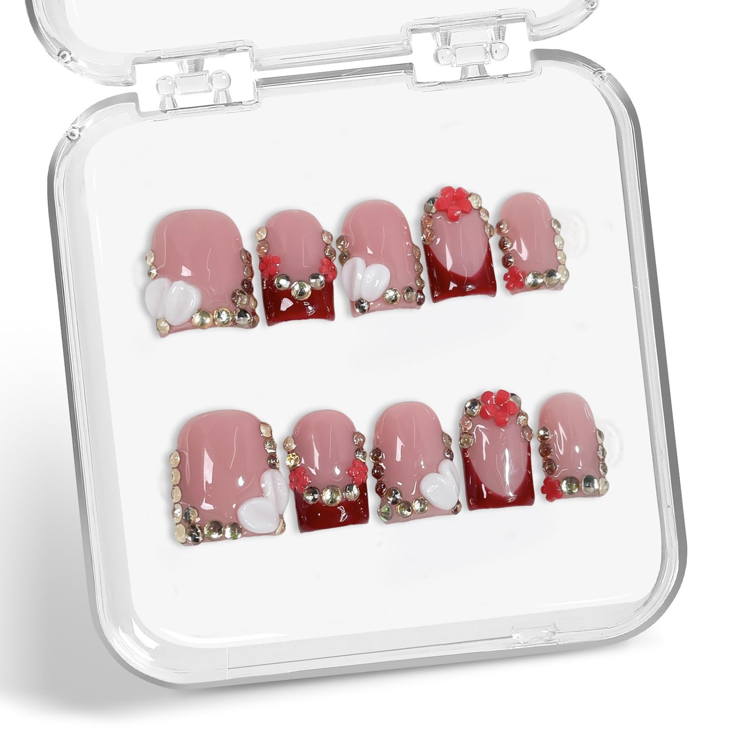 Handmade press-on nails with red French tip for quick, elegant manicure.