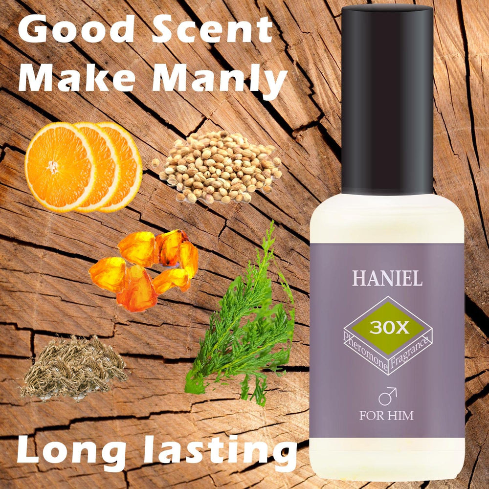 Haniel Pheromone Cologne cedar-vetiver core conveys confident masculine presence