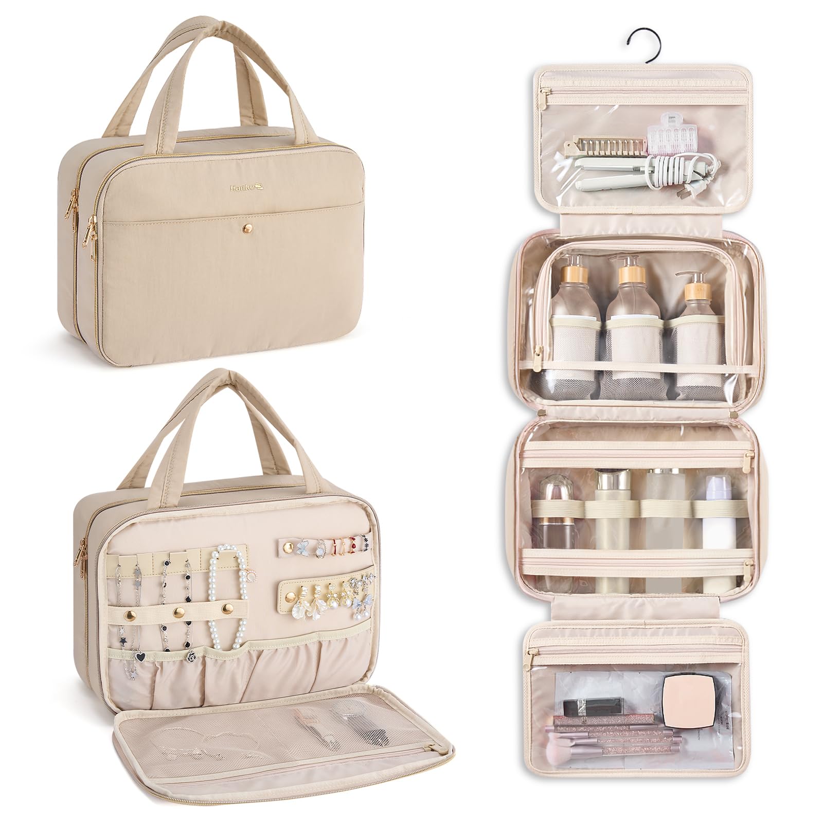 Hanke apricot hanging travel toiletry bag overview with organized compartments