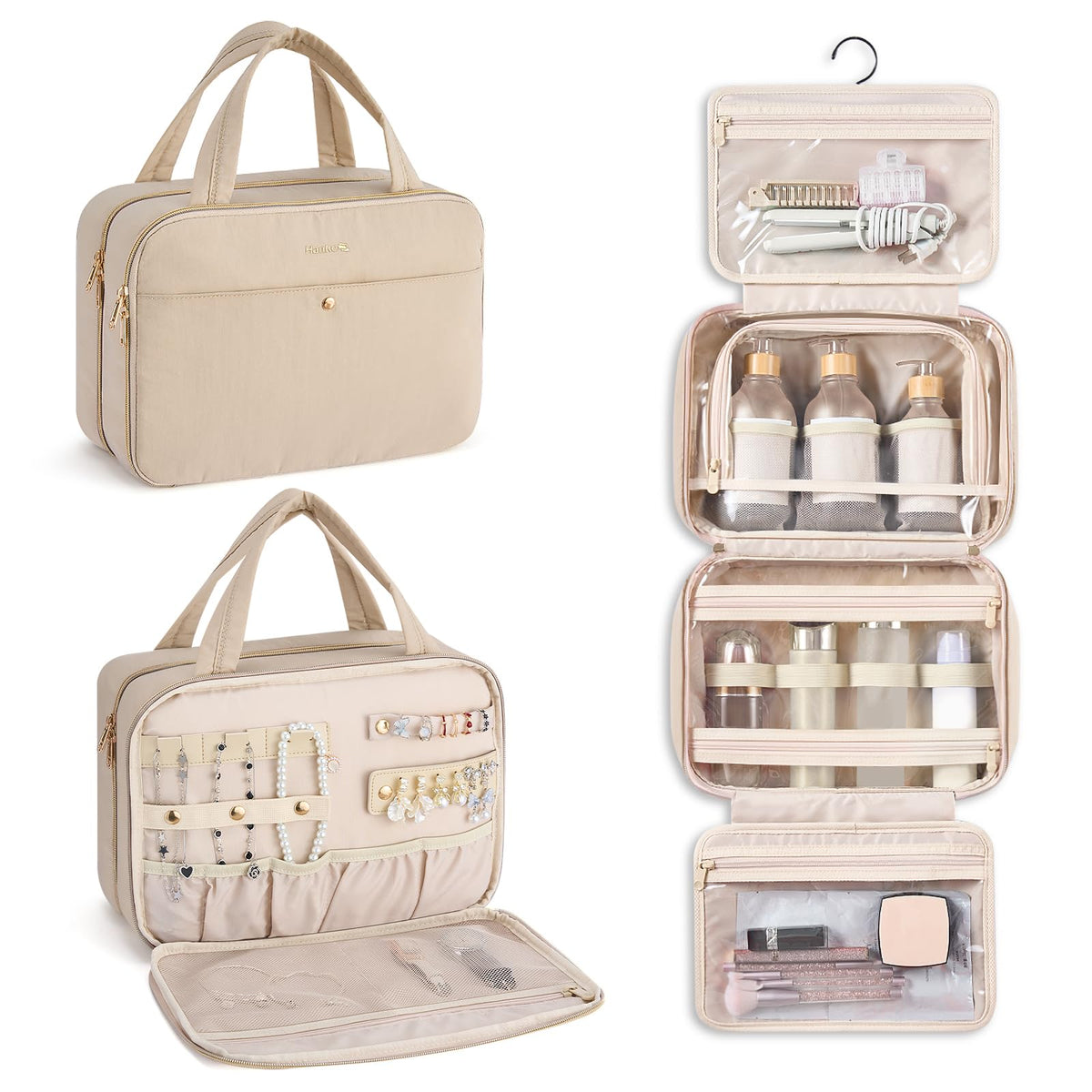 Hanke apricot hanging travel toiletry bag overview with organized compartments
