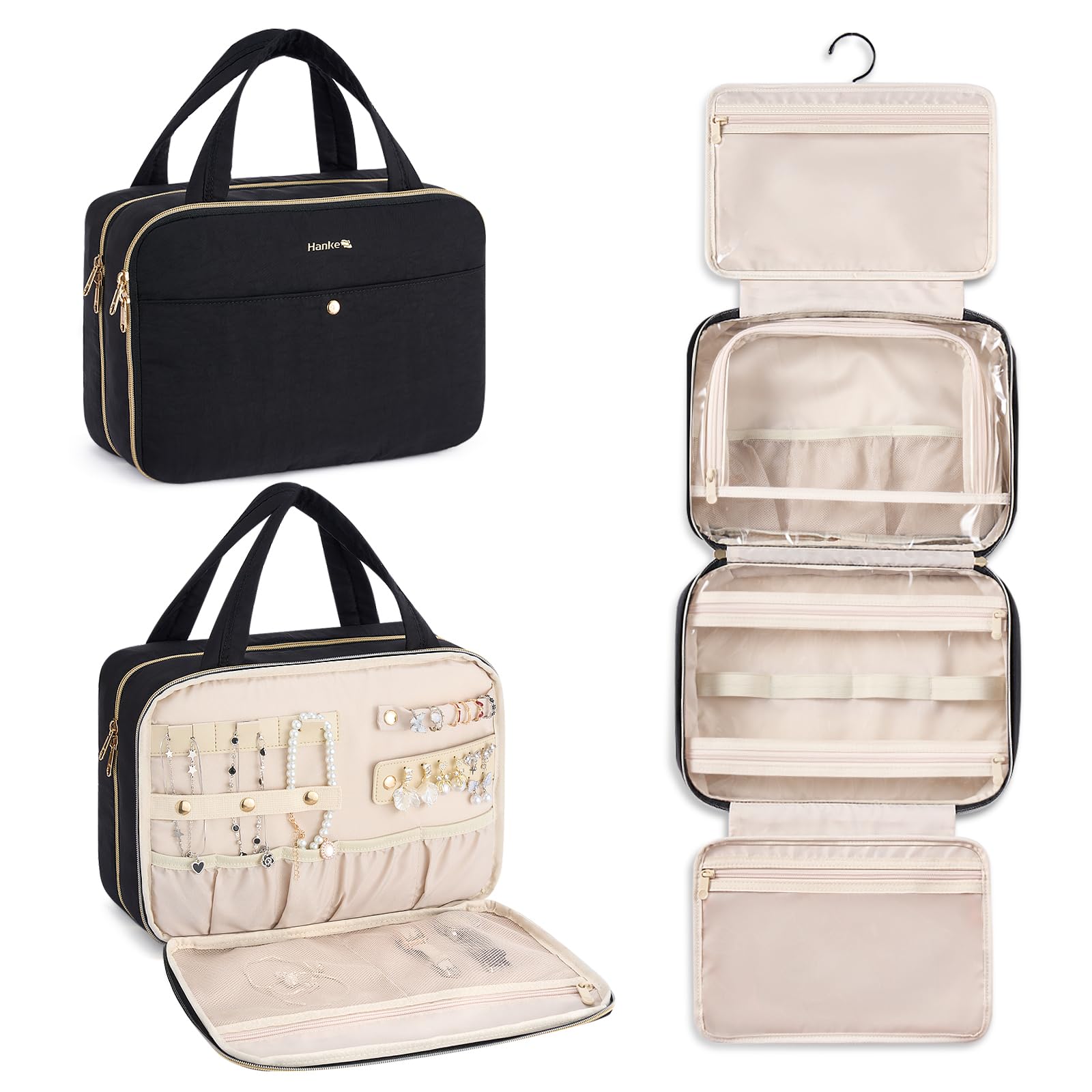 Hanke hanging travel toiletry bag with jewelry compartment keeps necklaces organized.