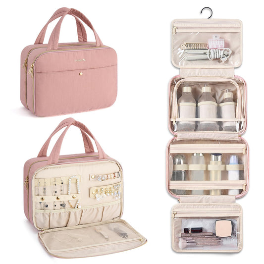 Hanke hanging travel toiletry bag pink front view illustrates organized storage on the go.