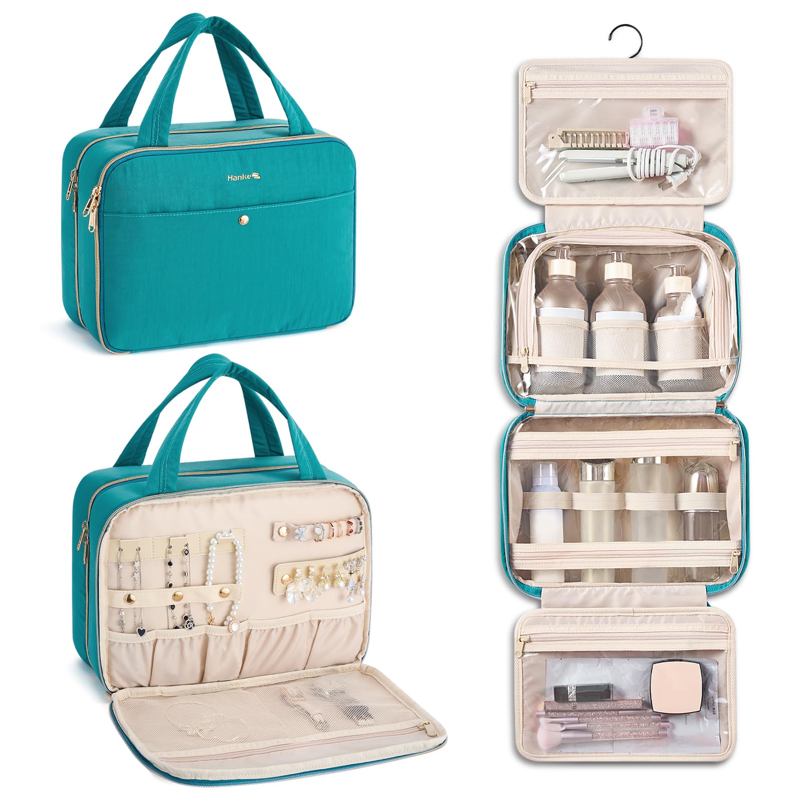 Hanke hanging travel toiletry bag turquoise green with large capacity for travel cosmetics