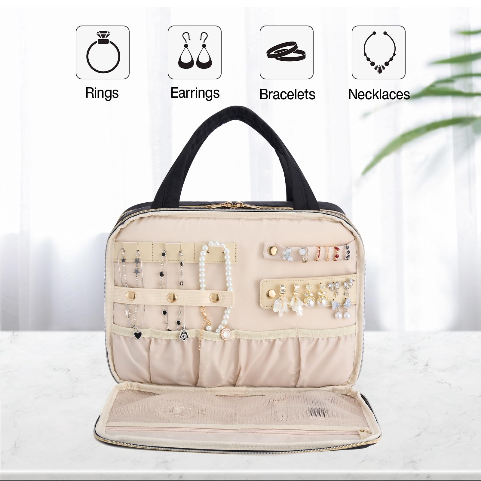 Hanke toiletry bag includes trolley strap for hands-free airport movement.