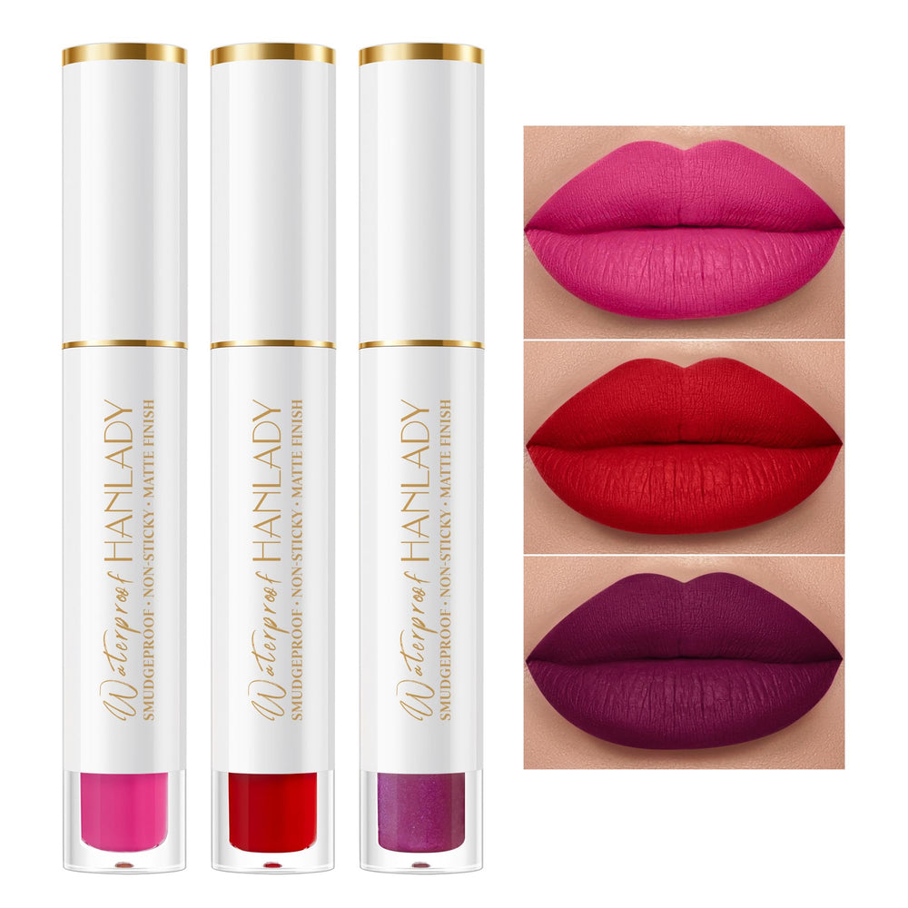 HANLADY Dark Red Pink Berry Lipstick 3pc pack shot with vibrant matte colors