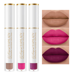 HANLADY Nude Berry Pink Lipstick swatch shows color payoff and texture