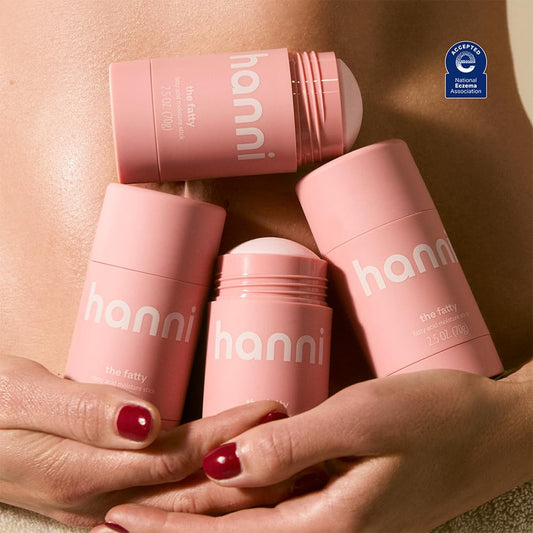 HANNI Fatty Stick application on arm demonstrates mess-free, on-the-go hydration.