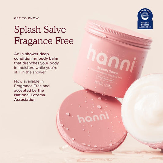 HANNI Splash Salve texture close-up shows rich, moisturizing cream for in-shower use.