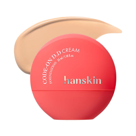 Hanskin DD Cream bottle close-up reveals semi-matte, natural-looking skin for camera-ready results
