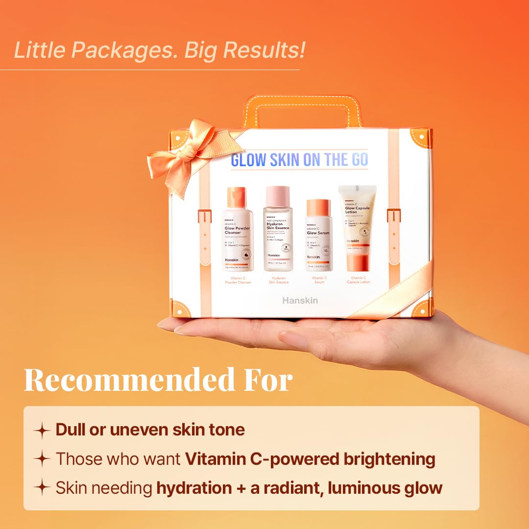 Hanskin Glow Skin mini set rests neatly in a weekend bag.