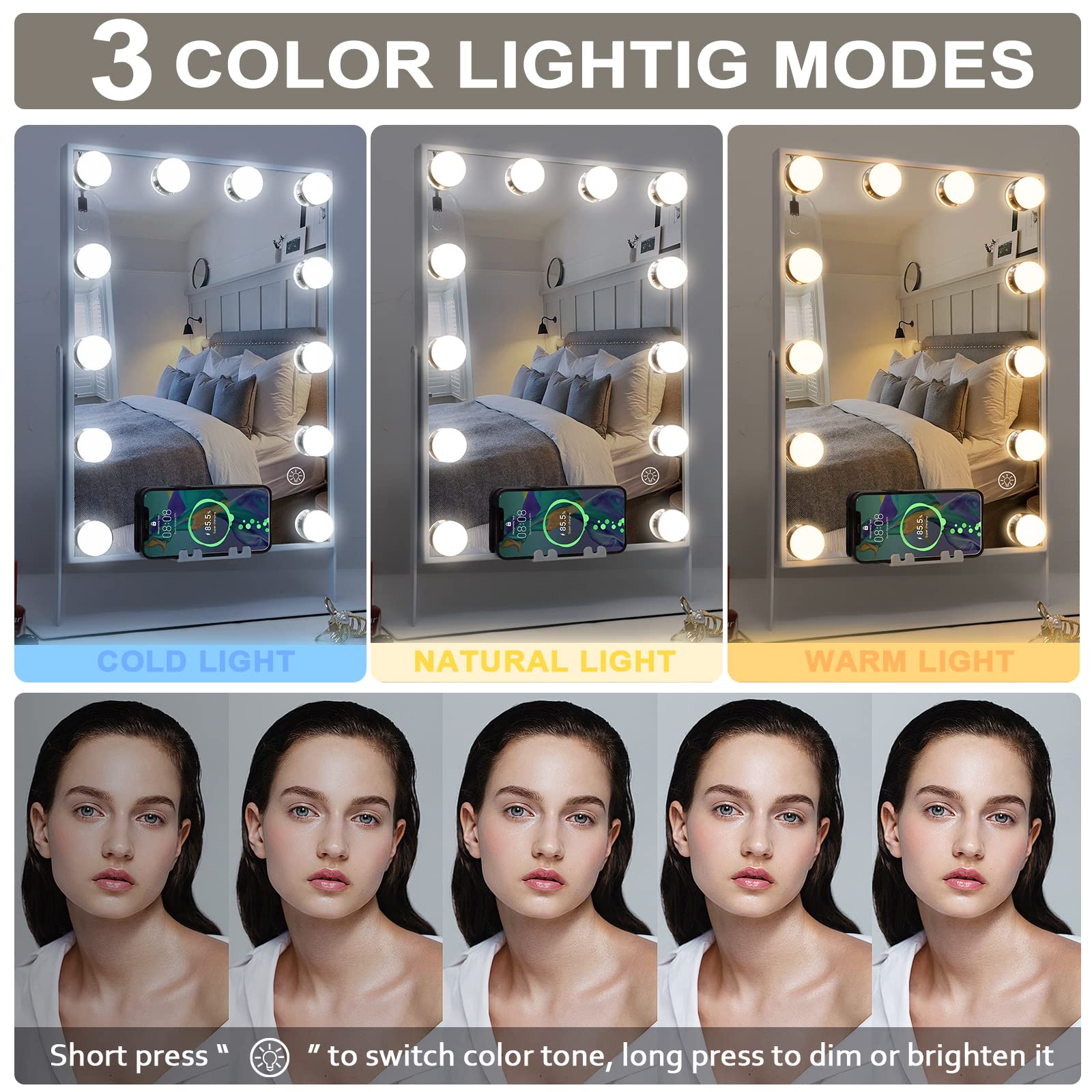 Hansong vanity mirror showing three color lighting modes for different times of day