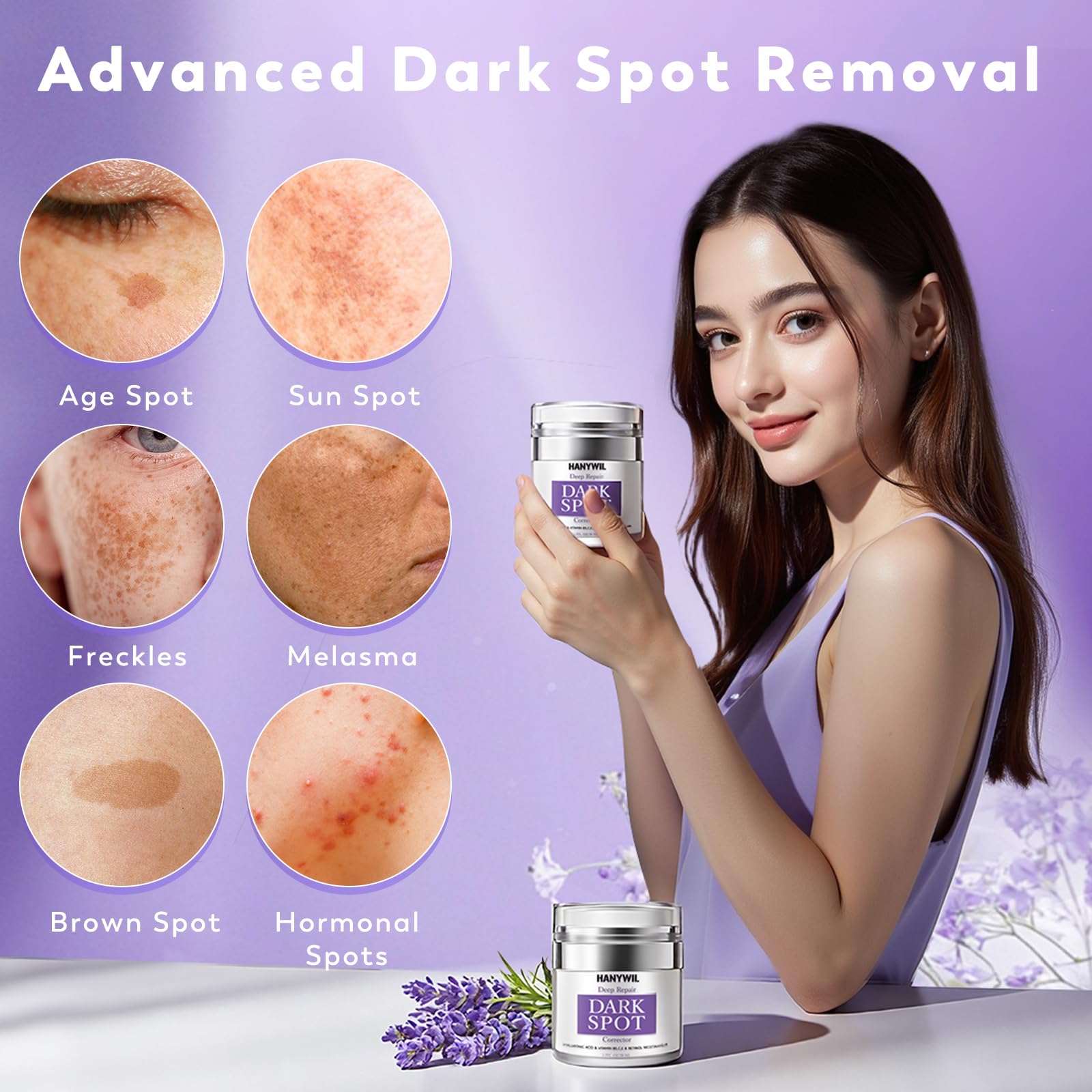 HANYWIL dark spot remover serum bottle highlights concentrated formula for correction.