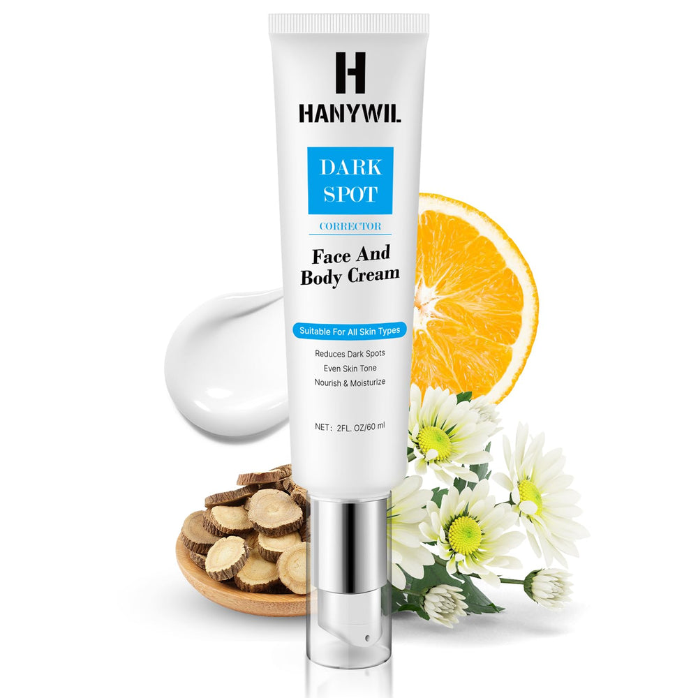 HANYWIL dark spot serum bottle shows targeted brightening for even skin tone.