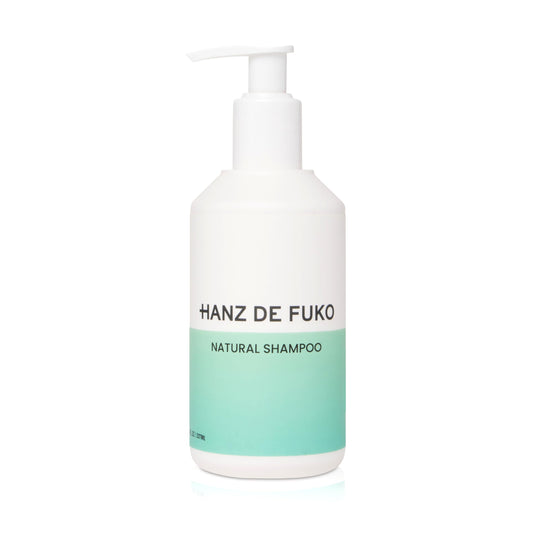 Hanz de Fuko premium natural shampoo bottle shows sulfate-free formula for daily use.