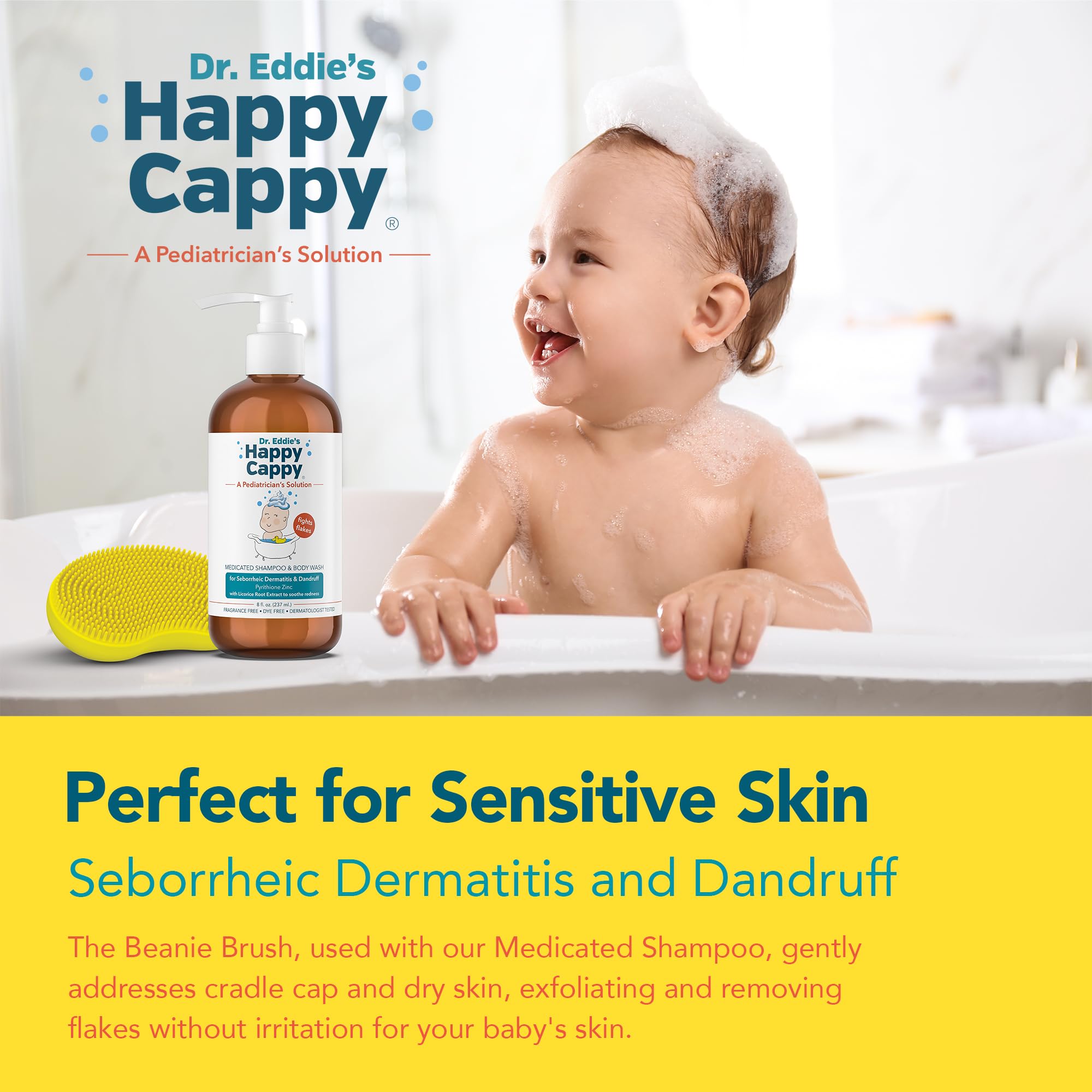 Happy Cappy baby care scene featuring cradle cap solution in use.