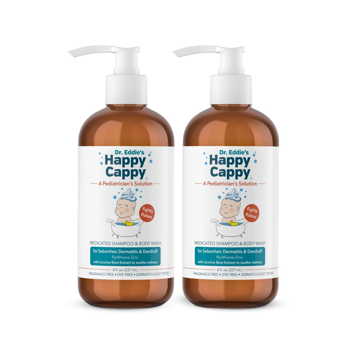 Happy Cappy medicated shampoo bottle highlights fragrance-free formula for sensitive baby skin.