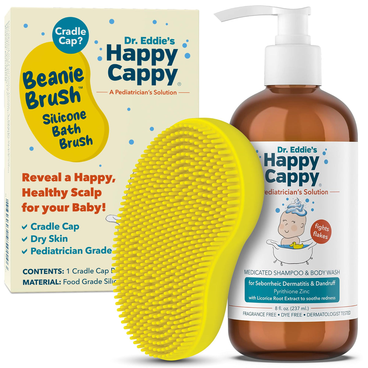Happy Cappy medicated shampoo bottle shown for gentle cradle cap care.