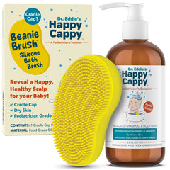 Happy Cappy medicated shampoo bottle shown for gentle cradle cap care.