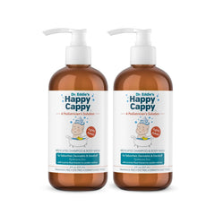 Happy Cappy medicated shampoo bottle highlights fragrance-free formula for sensitive baby skin.