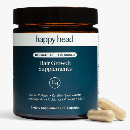 Happy Head bottle front with capsules promoting healthier hair support.