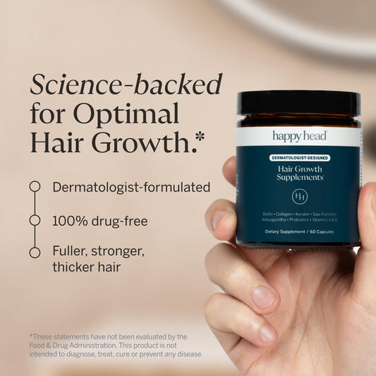 Close-up of Happy Head pills highlights a science-backed hair health formula.