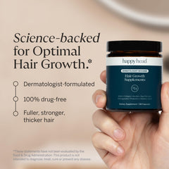 Close-up of Happy Head pills highlights a science-backed hair health formula.