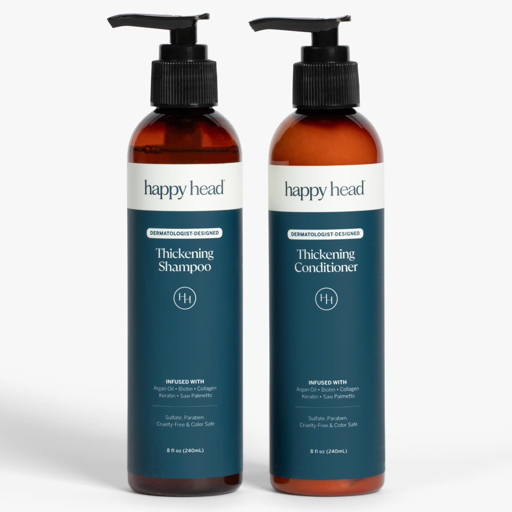 Happy Head shampoo bottle demonstrating premium cleanse for thicker-looking roots