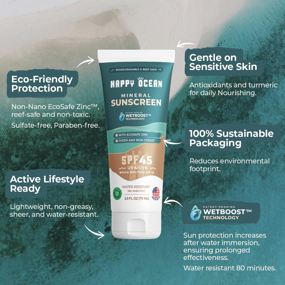 Happy Ocean SPF 45 sunscreen for body with non-greasy feel, ideal for all-day wear.