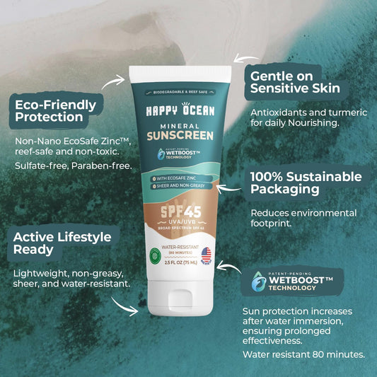 Happy Ocean SPF 45 sunscreen for body with non-greasy feel, ideal for all-day wear.
