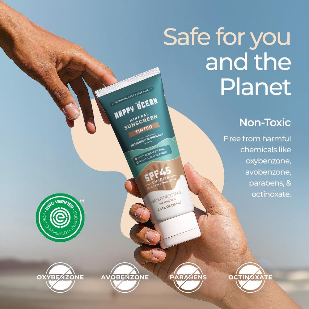 Happy Ocean SPF 45 tinted sunscreen on body application offering easy protection outdoors.