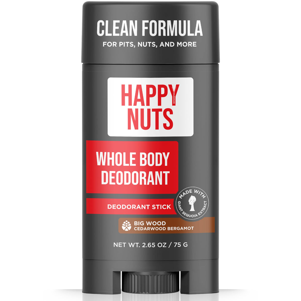 HAPPY NUTS Big Wood Scent bottle front with long-lasting bold fragrance.
