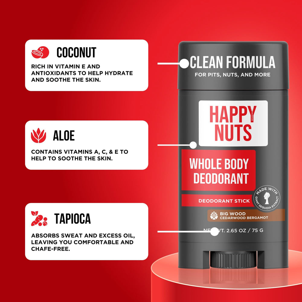 HAPPY NUTS Free-from graphic communicates no parabens or aluminum.