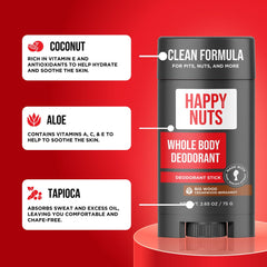 HAPPY NUTS Free-from graphic communicates no parabens or aluminum.