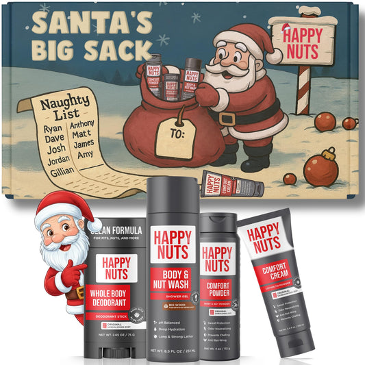 Happy Nuts Santa’s Big Sack gift box on display for humorous yet practical men’s care.
