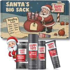 Happy Nuts Santa’s Big Sack gift box on display for humorous yet practical men’s care.